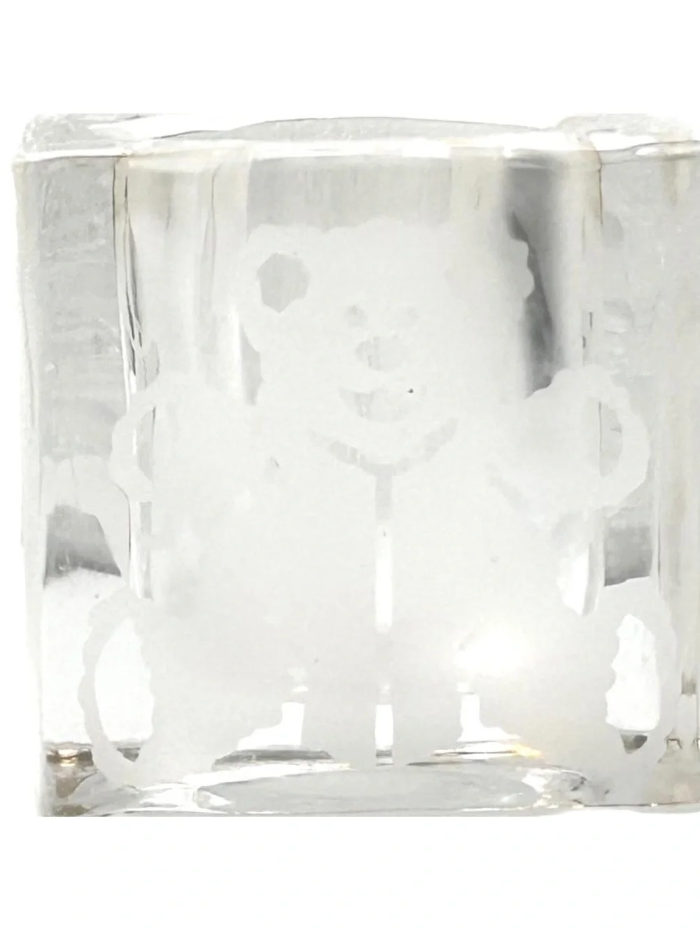 Clear Glass Candle Holder with Teddy Bear and Other Etchings, Square Design